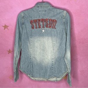Stetson Ladies Embroidered Fitted Denim Blouse Pearlized Buttons Medium Cowgirl